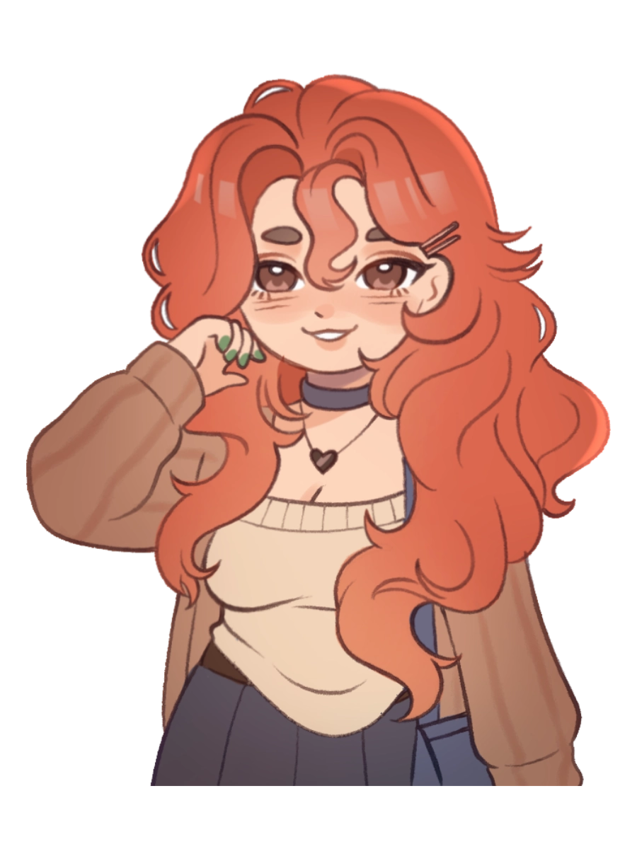 Chibi portrait of Hannah, the protagonist's best friend — red curly hair and a soft sweater