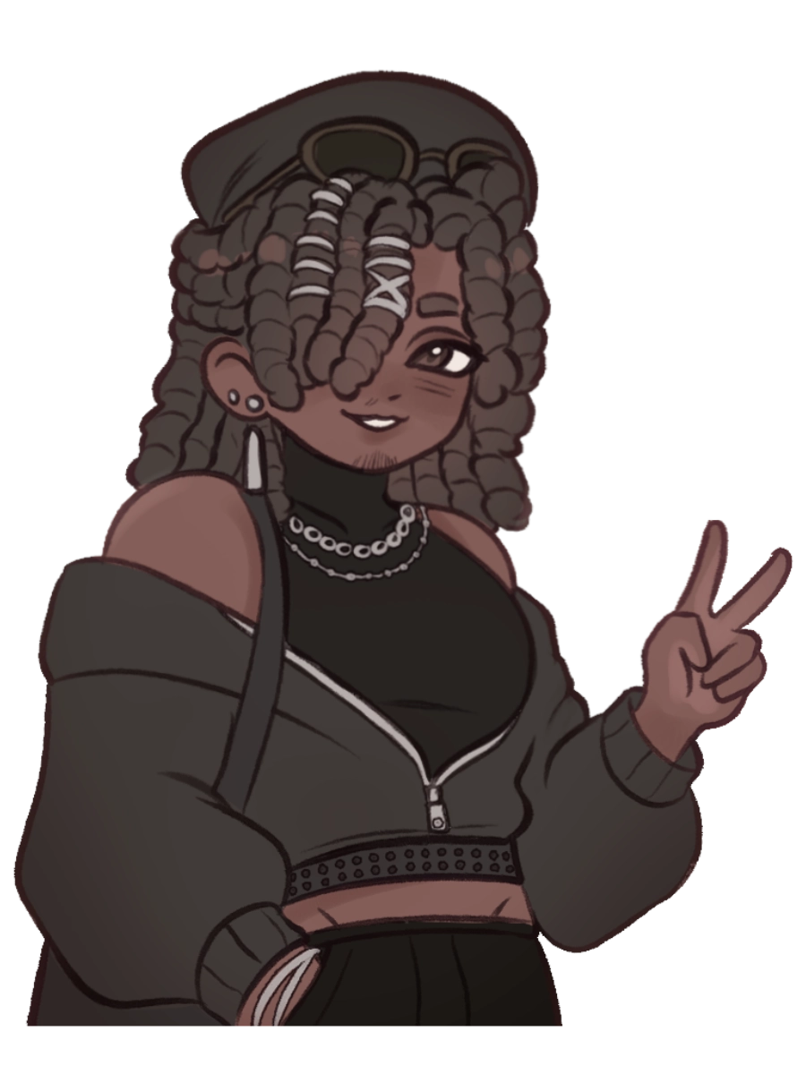 Chibi portrait of Jordon, a childhood friend — locs, a beret with sunglasses, and a sleeveless top