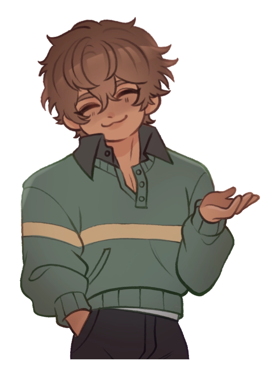 Chibi portrait of Mark, a childhood friend — messy brown hair and a green-and-tan sweater
