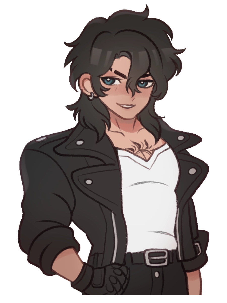 Chibi portrait of Rhett, the main love interest — a rockstar with dark hair and a leather jacket